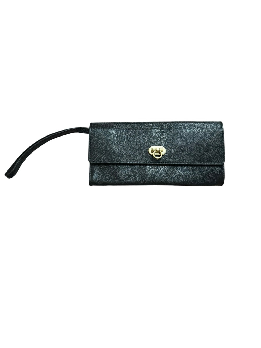 Classic Black Leather Wristlet Clutch with Gold Hardware